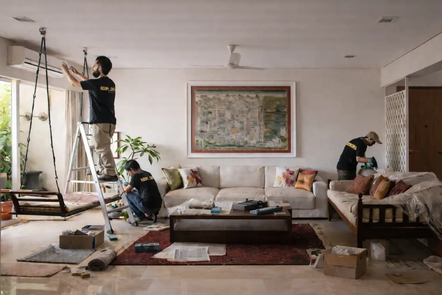 Living room interior designing service in Lucknow with modern false ceiling and TV unit design